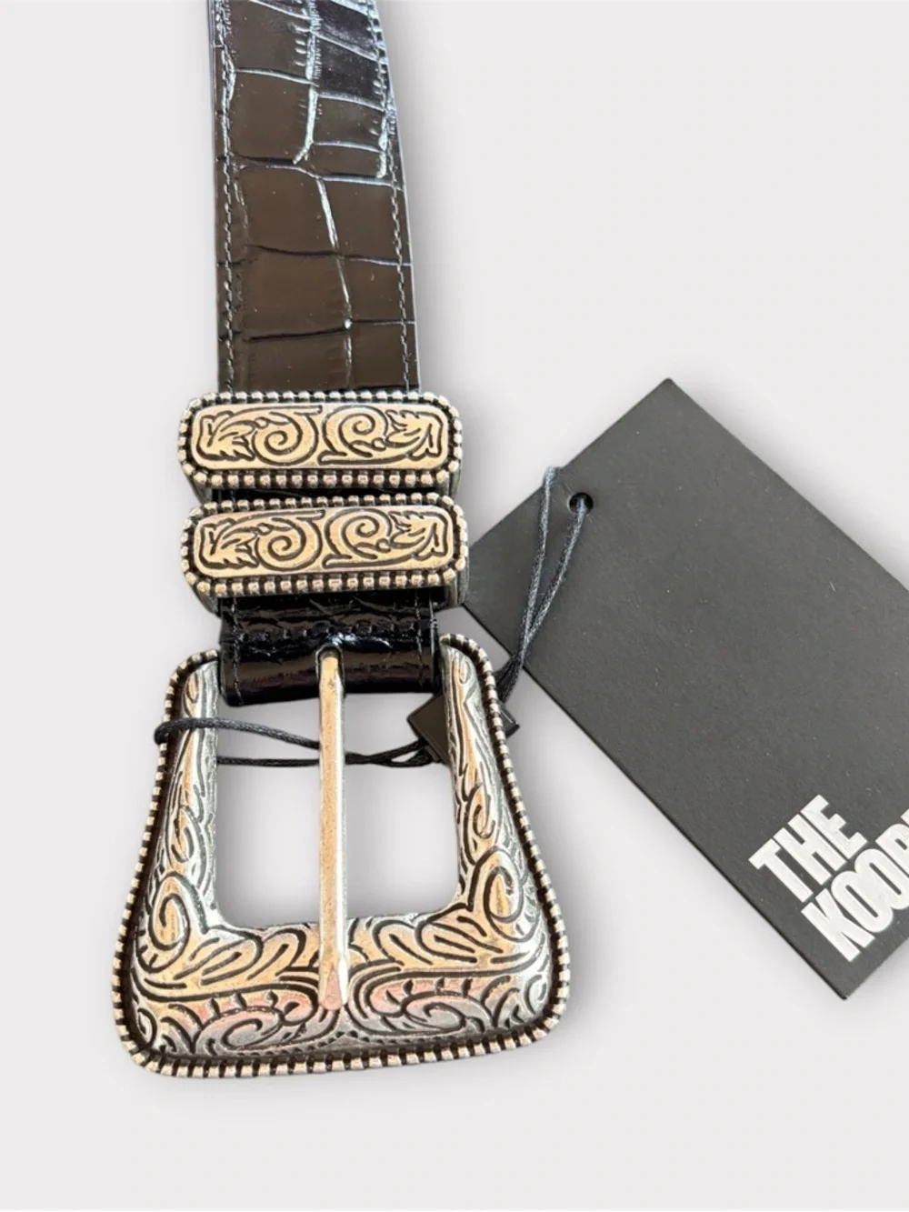 THE KOOPLES French Luxury Black Croc-Embossed Belt with Engraved Silver Buckle